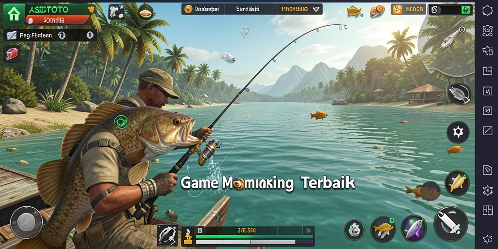 Screenshot gameplay ASDTOTO saat memancing di lokasi eksotis.