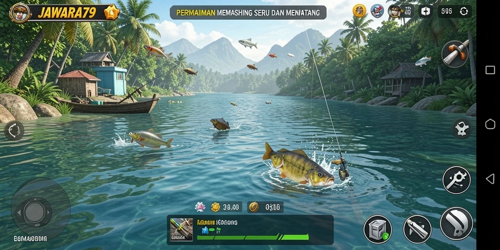 Screenshot utama JAWARA79 menampilkan momen seru memancing dengan ikan besar.