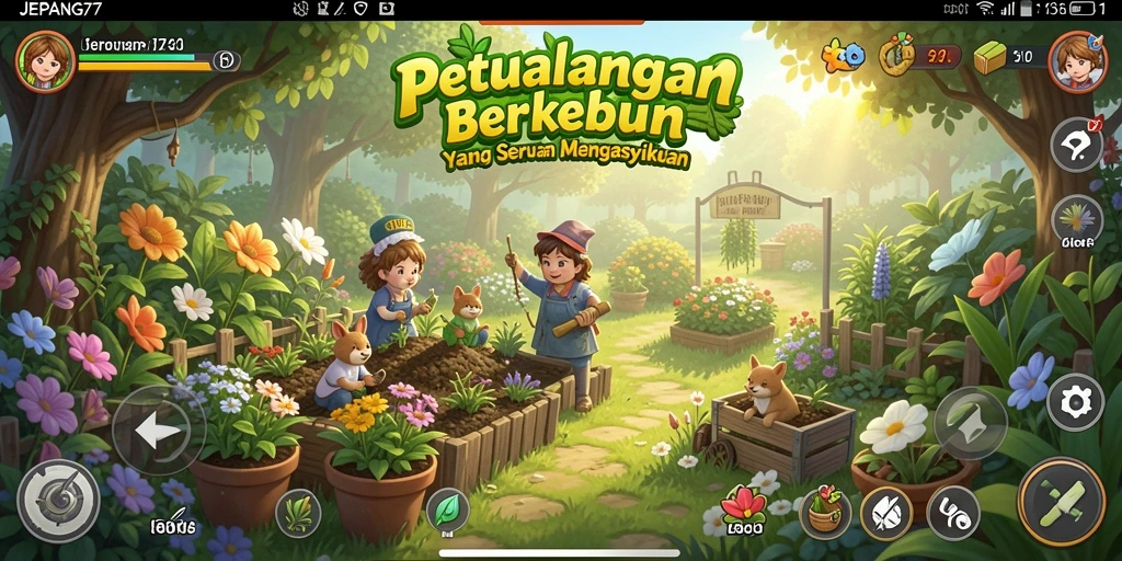 Screenshot gameplay JEPANG77 yang menampilkan suasana kebun yang indah.