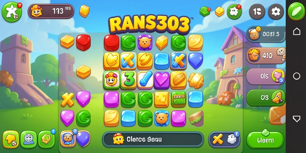 Screenshot utama RANS303 menunjukkan gameplay Match-3 yang seru dan penuh warna.