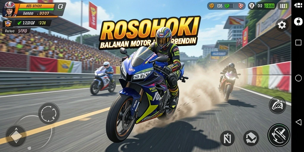 Screenshot menunjukkan aksi balapan motor yang intens dan mendebarkan.